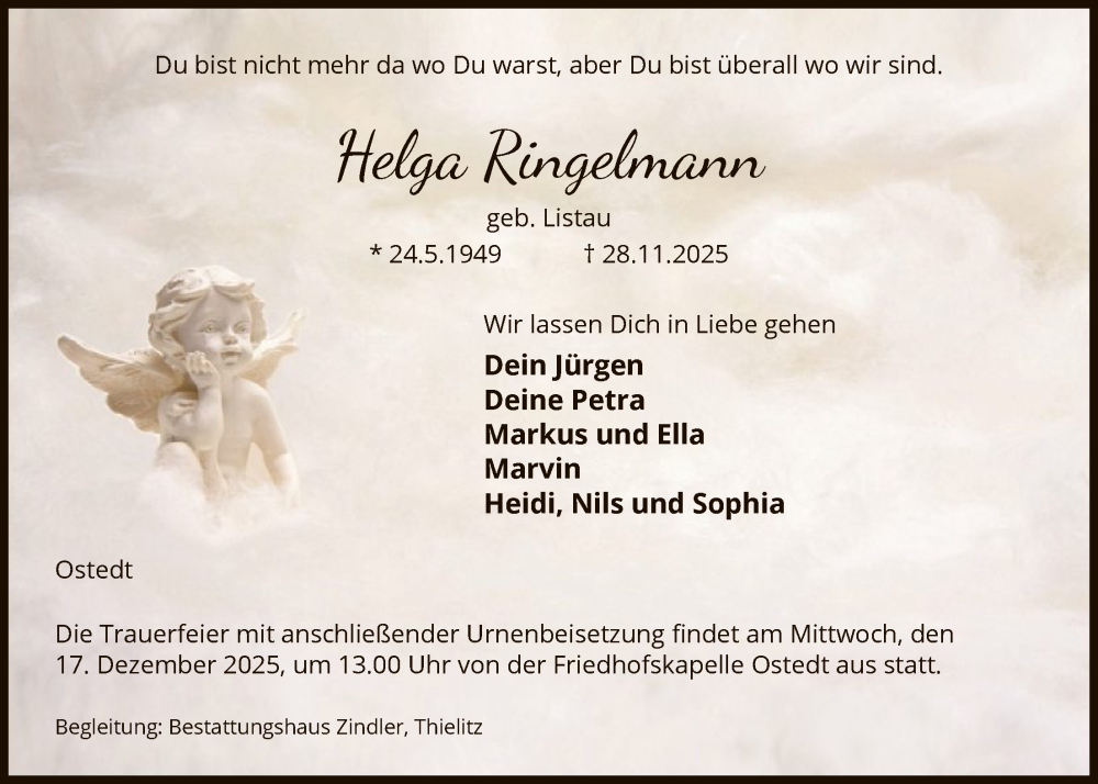  Traueranzeige für Helga Ringelmann vom 06.12.2025 aus AZ