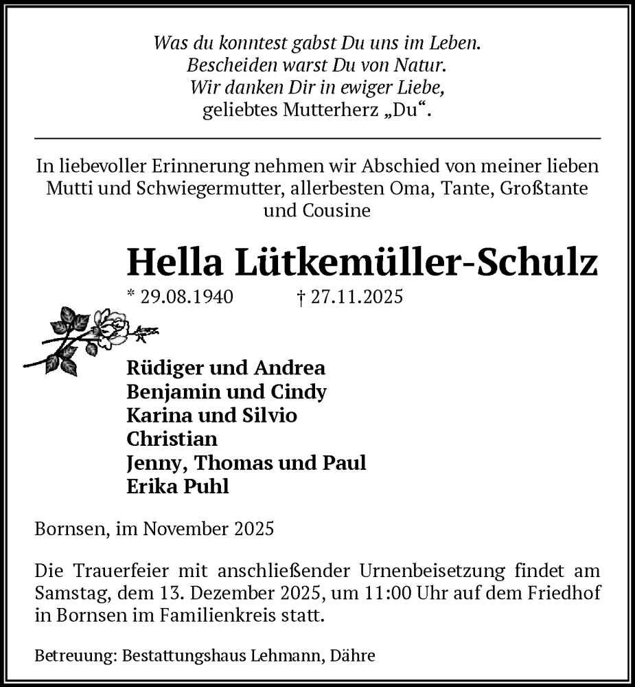  Traueranzeige für Hella Lütkemüller-Schulz vom 02.12.2025 aus AMZ