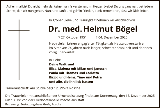 Traueranzeige von Helmut Bögel von AZ