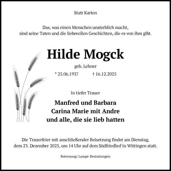 Traueranzeige von Hilde Mogck von IK
