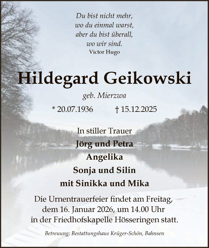  Traueranzeige für Hildegard Geikowski vom 31.12.2025 aus AZ