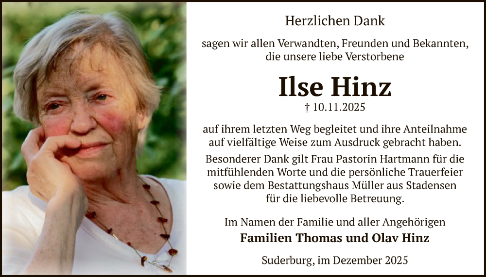  Traueranzeige für Ilse Hinz vom 13.12.2025 aus AZ