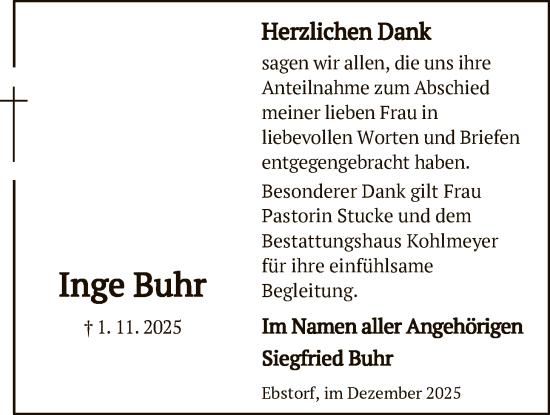Traueranzeige von Inge Buhr von AZ