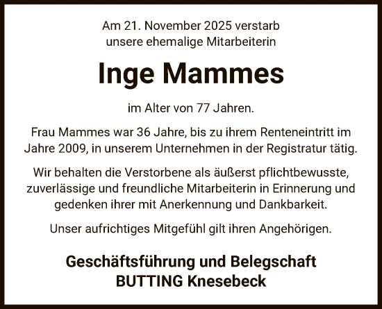 Traueranzeige von Inge Mammes von IK