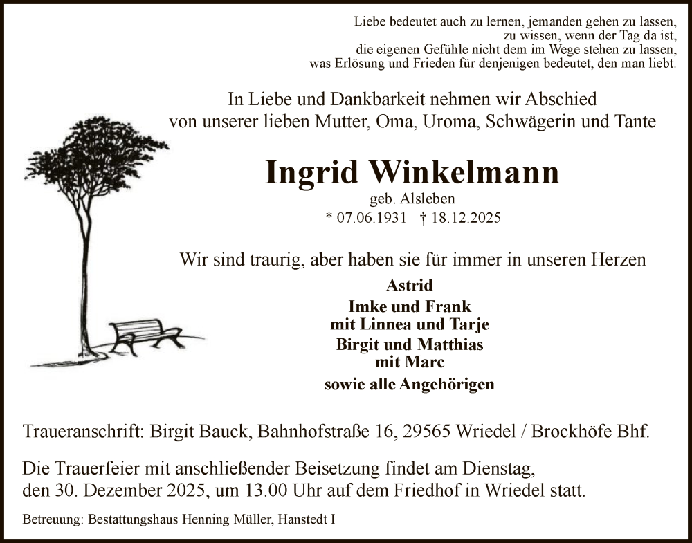  Traueranzeige für Ingrid Winkelmann vom 24.12.2025 aus AZ