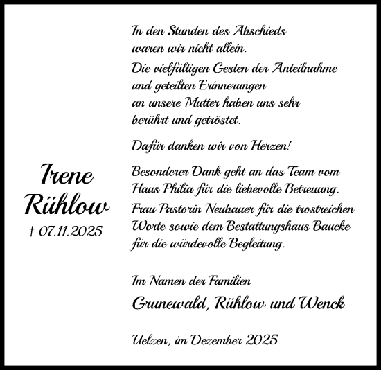 Traueranzeige von Irene Rühlow von AZ