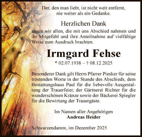 Traueranzeige von Irmgard Fehse von AMZ