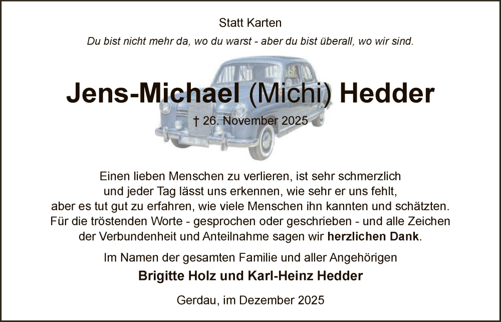  Traueranzeige für Jens-Michael Hedder vom 31.12.2025 aus AZ