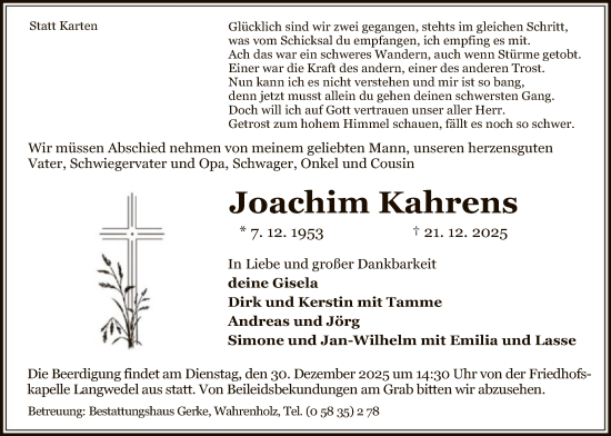 Traueranzeige von Joachim Kahrens von IK