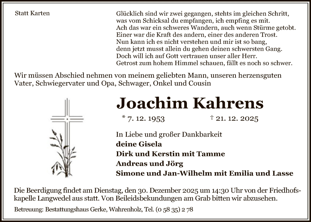  Traueranzeige für Joachim Kahrens vom 27.12.2025 aus IK