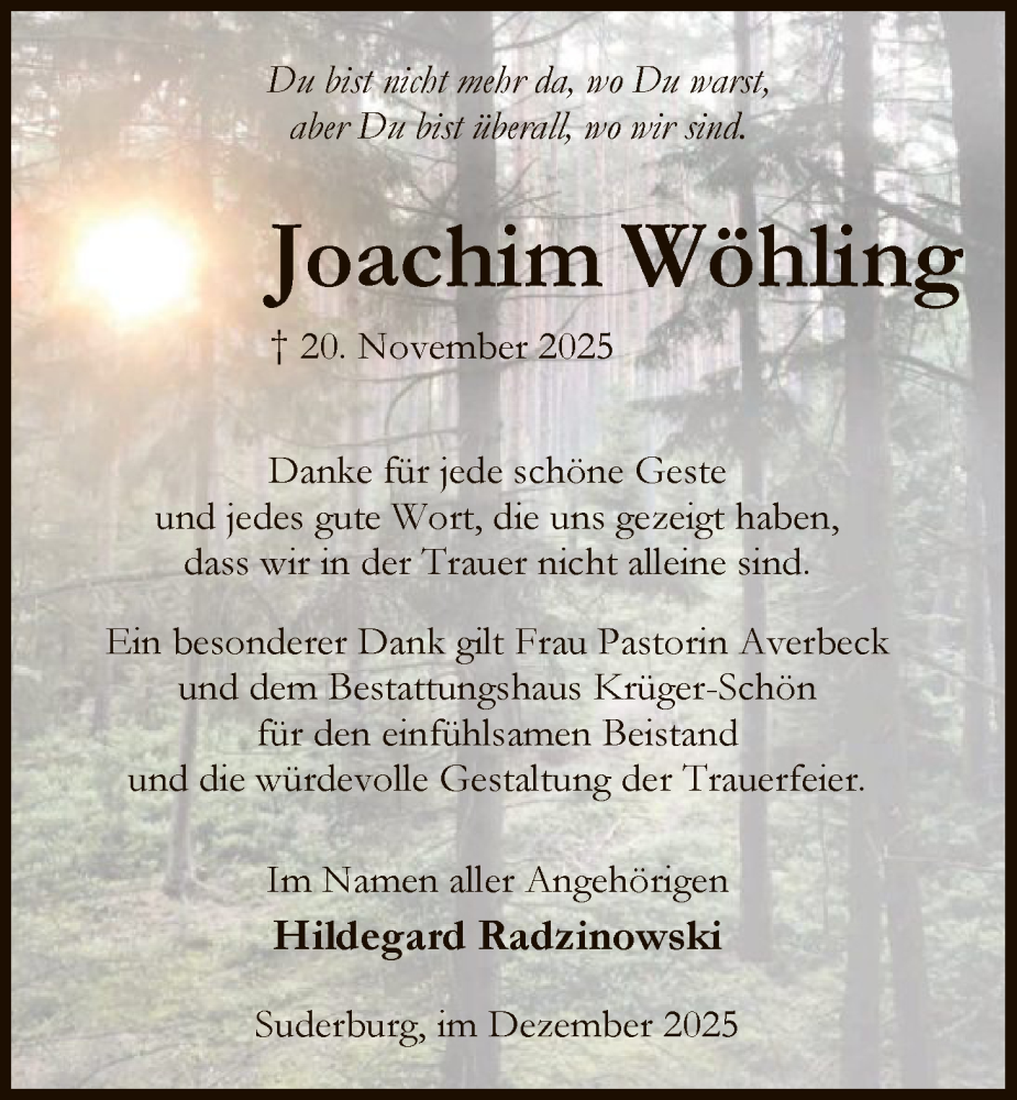  Traueranzeige für Joachim Wöhling vom 13.12.2025 aus AZ