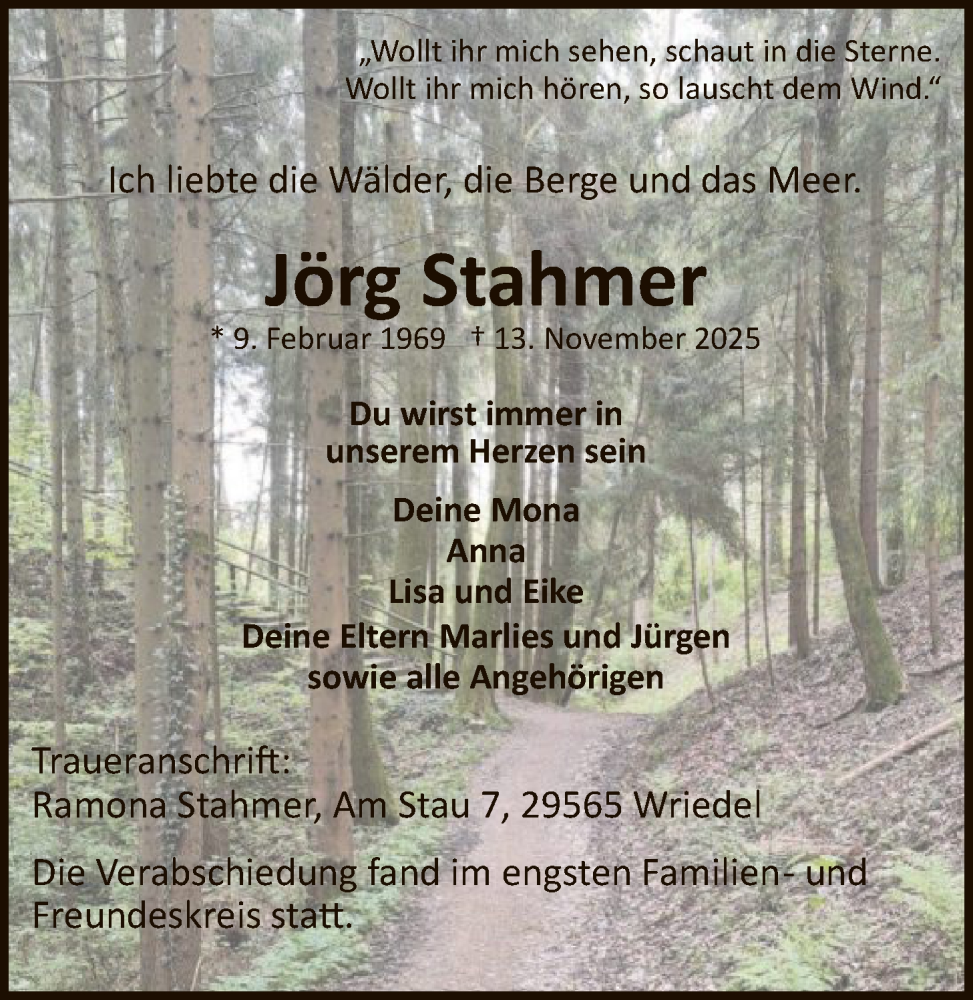  Traueranzeige für Jörg Stahmer vom 13.12.2025 aus AZ