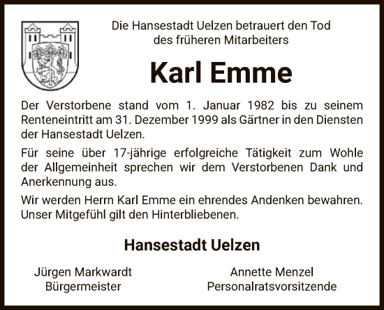 Traueranzeige von Karl Emme von AZ