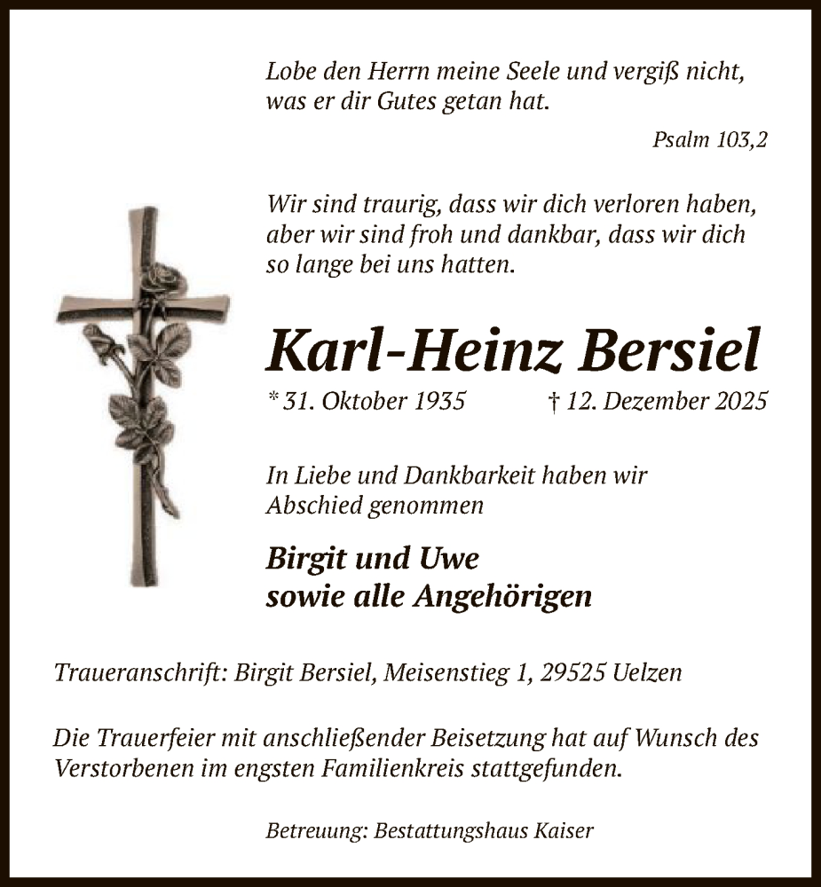  Traueranzeige für Karl-Heinz Bersiel vom 20.12.2025 aus AZ