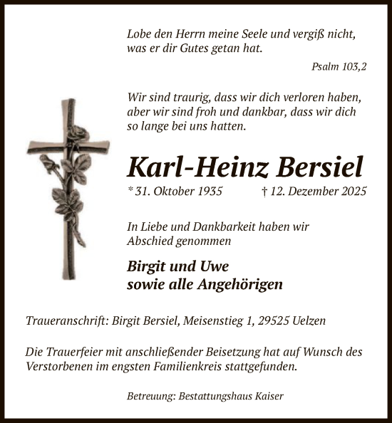 Traueranzeige von Karl-Heinz Bersiel von AZ