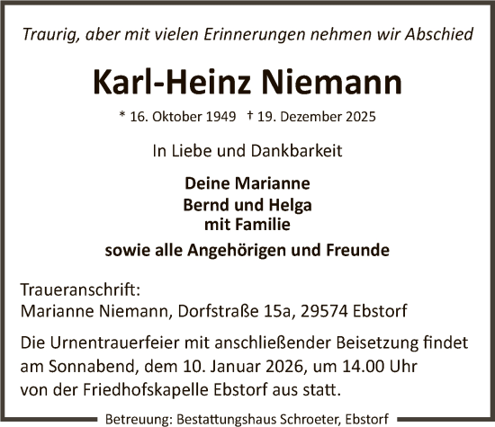 Traueranzeige von Karl-Heinz Niemann von AZ