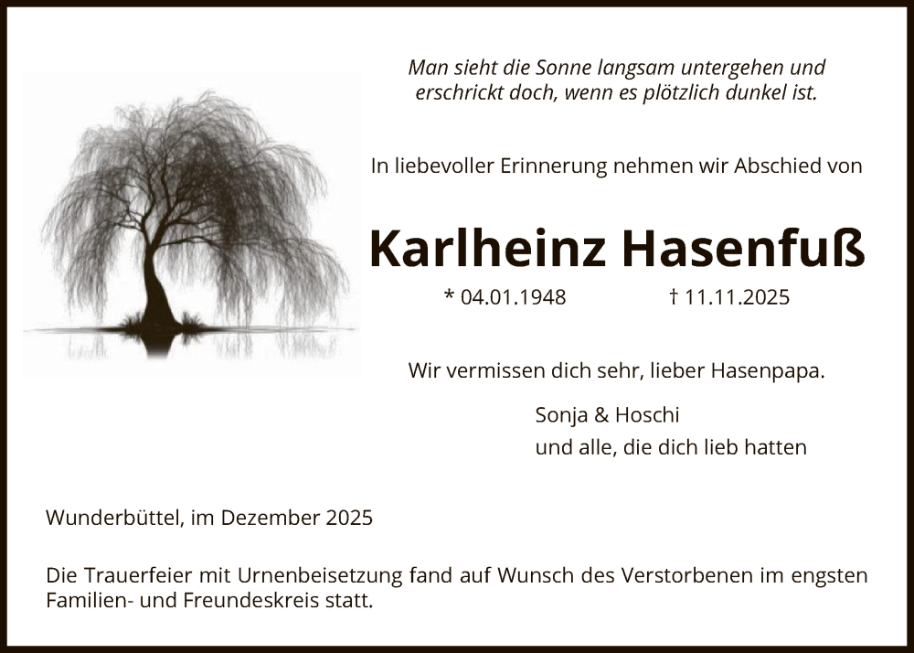  Traueranzeige für Karlheinz Hasenfuß vom 06.12.2025 aus IK
