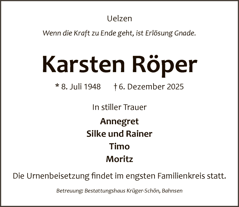  Traueranzeige für Karsten Röper vom 13.12.2025 aus AZ