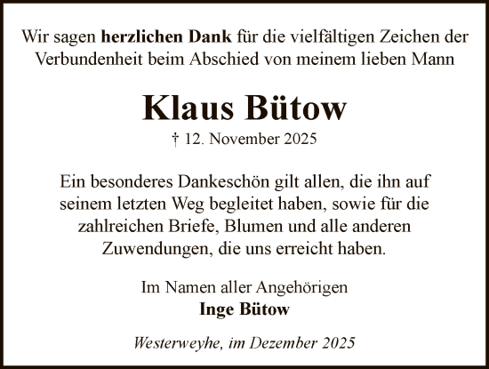 Traueranzeige von Klaus Bütow von AZ