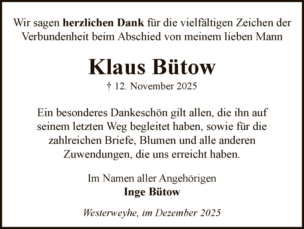  Traueranzeige für Klaus Bütow vom 27.12.2025 aus AZ