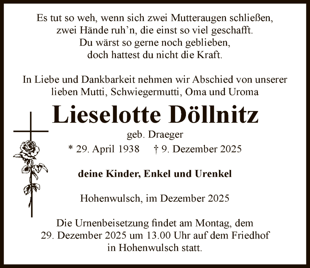  Traueranzeige für Lieselotte Döllnitz vom 20.12.2025 aus AMZ