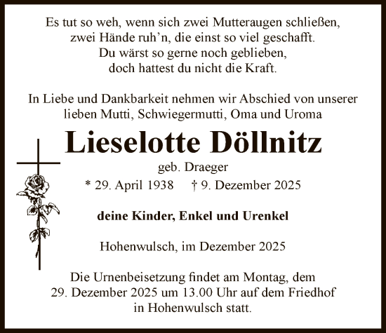 Traueranzeige von Lieselotte Döllnitz von AMZ