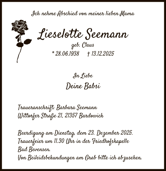 Traueranzeige von Lieselotte Seemann von AZ