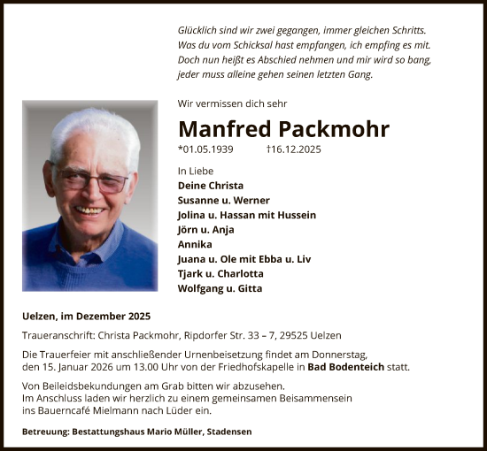 Traueranzeige von Manfred Packmohr von AZ