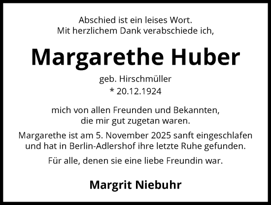 Traueranzeige von Margarethe Huber von AZ