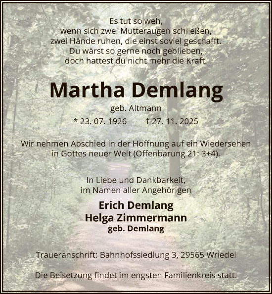 Traueranzeige von Martha Demlang von AZ
