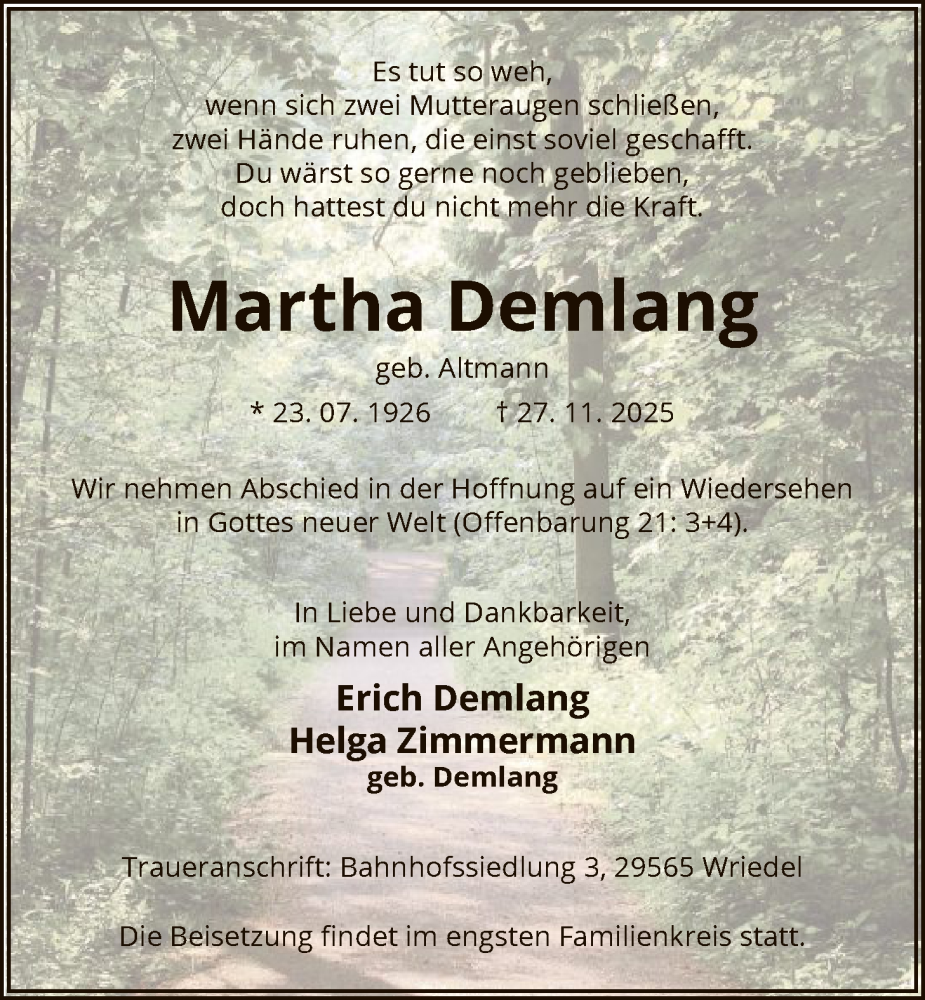  Traueranzeige für Martha Demlang vom 06.12.2025 aus AZ