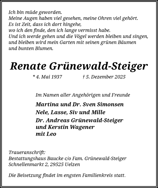 Traueranzeige von Renate Grünewald-Steiger von AZ