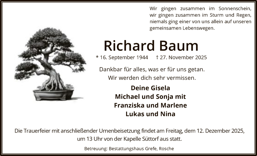  Traueranzeige für Richard Baum vom 06.12.2025 aus AZ