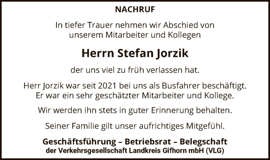 Traueranzeige von Stefan Jorzik von IK