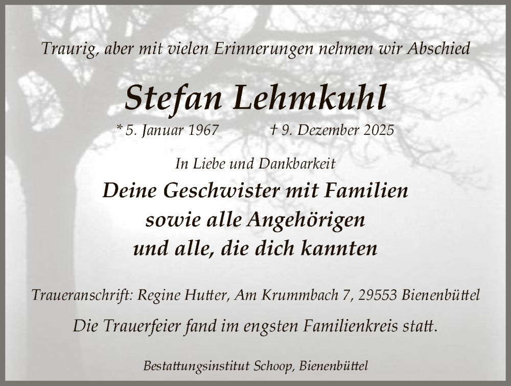  Traueranzeige für Stefan Lehmkuhl vom 20.12.2025 aus AZ