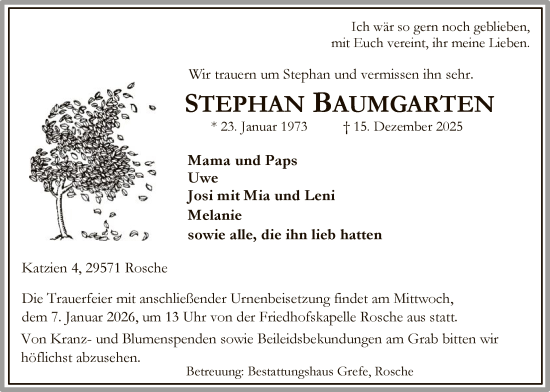 Traueranzeige von Stephan Baumgarten von AZ