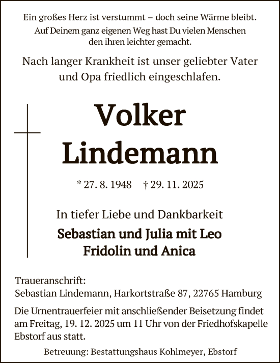 Traueranzeige von Volker Lindemann von AZ
