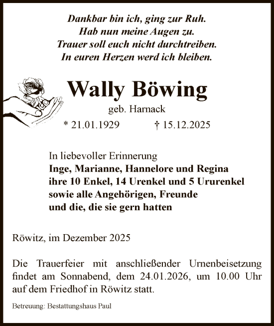 Traueranzeige von Wally Böwing von AMZ
