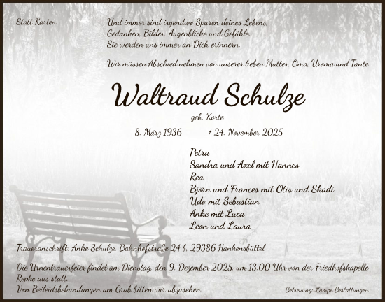 Traueranzeige von Waltraud Schulze von IK