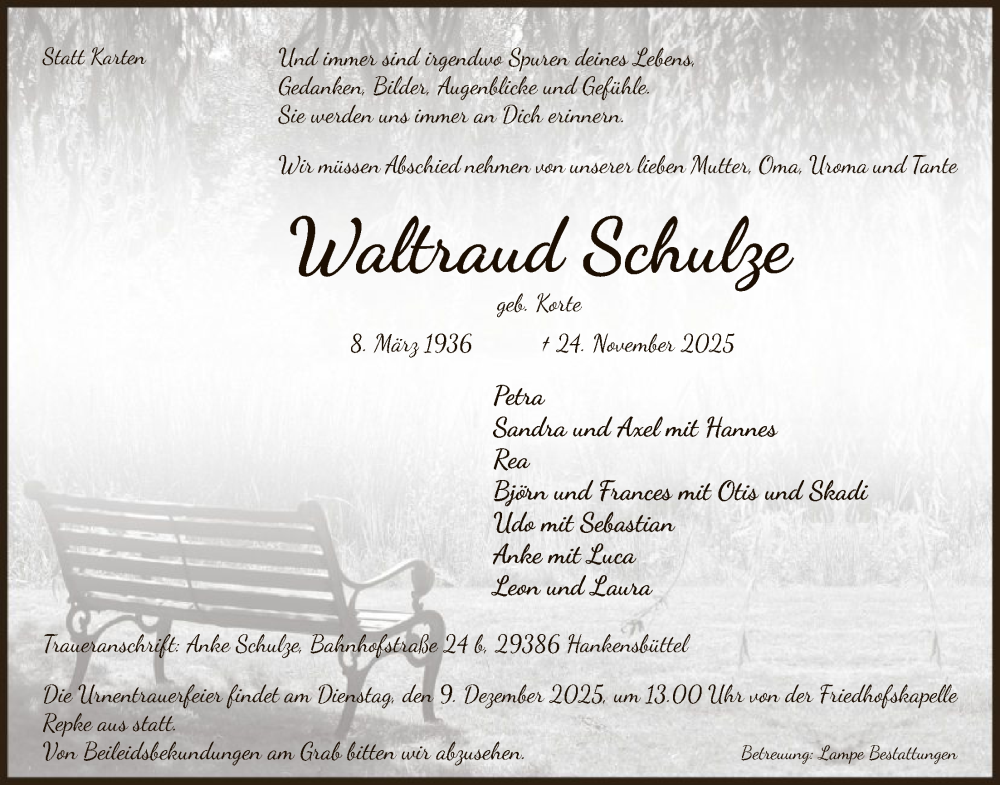  Traueranzeige für Waltraud Schulze vom 03.12.2025 aus IK