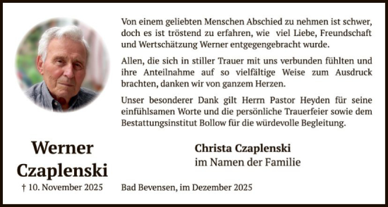 Traueranzeige von Werner Czaplenski von AZ