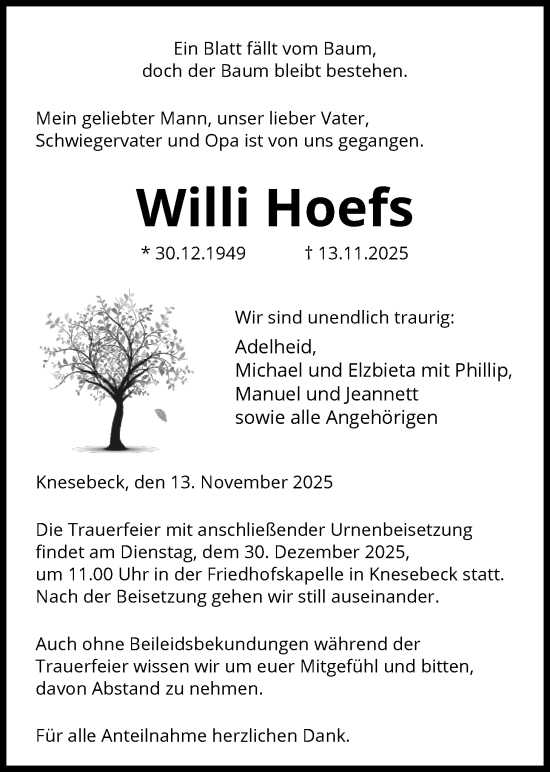 Traueranzeige von Willi Hoefs von IK