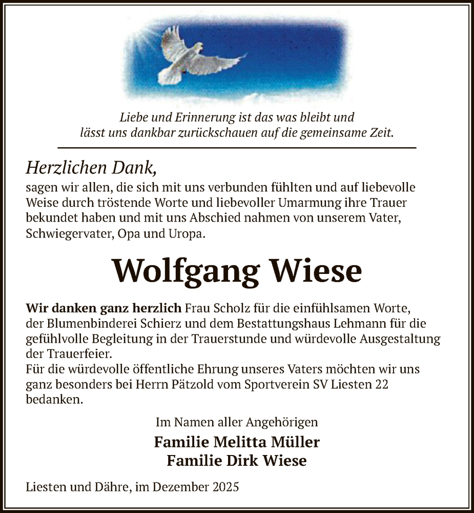  Traueranzeige für Wolfgang Wiese vom 13.12.2025 aus AMZ