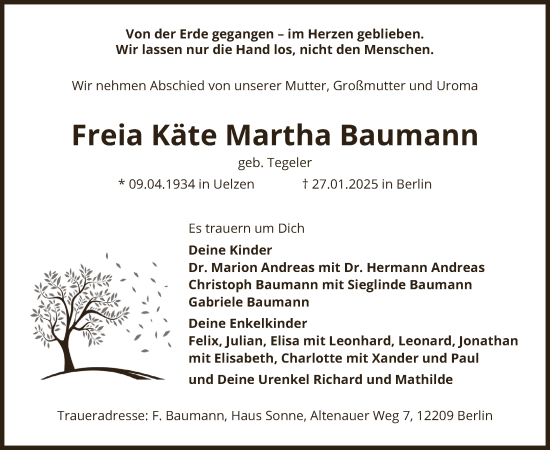 Traueranzeige von Freia Käte Martha Baumann von UEL