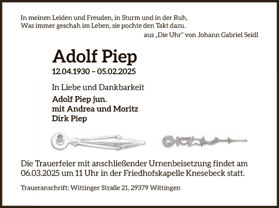 Traueranzeige von Adolf Piep von UEL