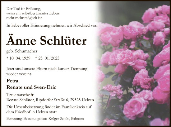 Traueranzeige von Änne Schlüter von UEL