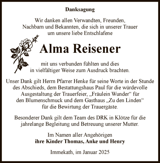 Traueranzeige von Alma Reisener von UEL