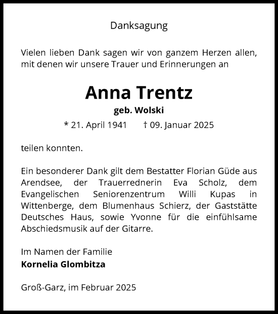 Traueranzeige von Anna Trentz von UEL