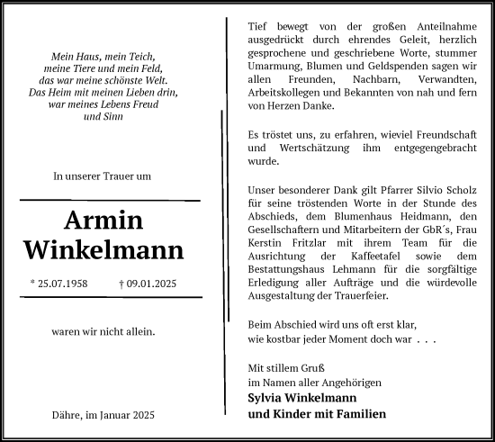 Traueranzeige von Armin Winkelmann von UEL