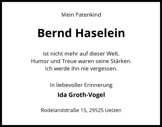 Traueranzeige von Bernd Haselein von UEL